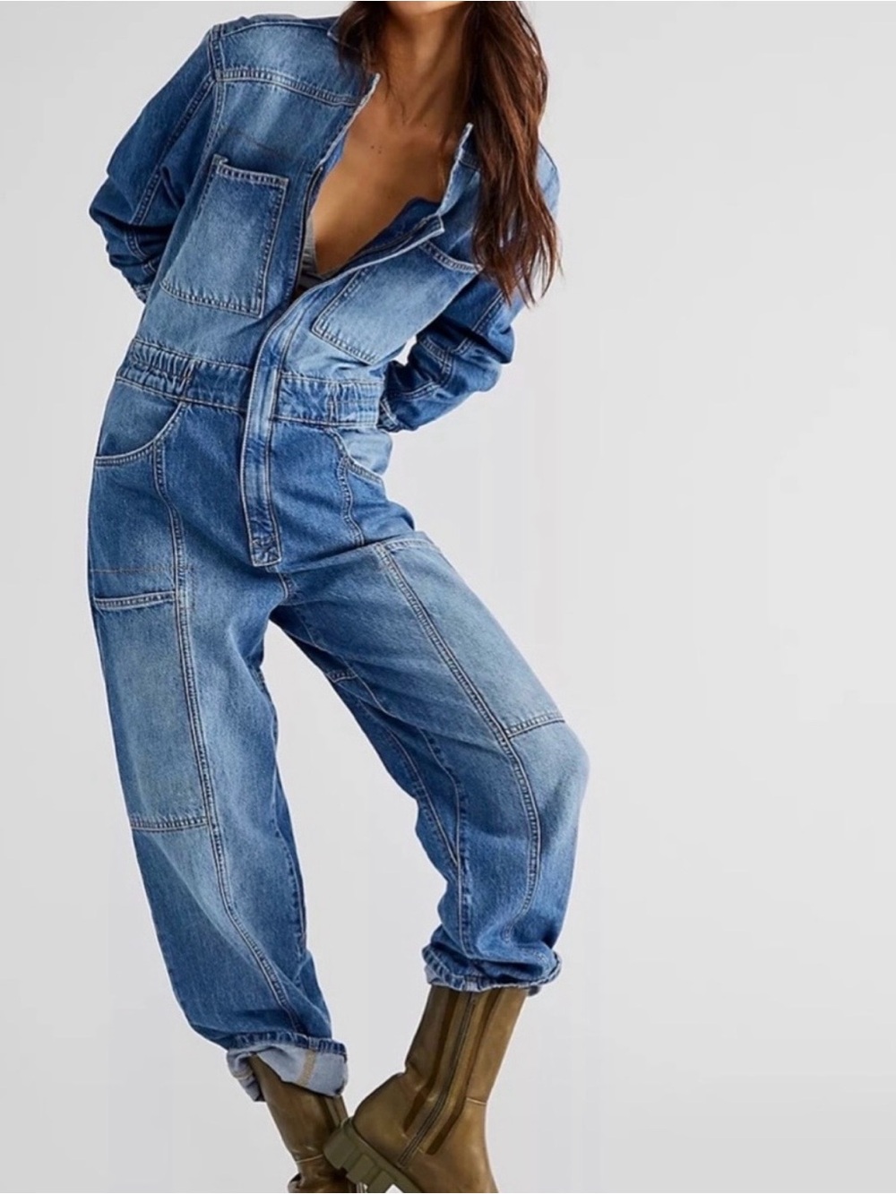 We The Free Distressed Blue Denim Utility Jumpsuit